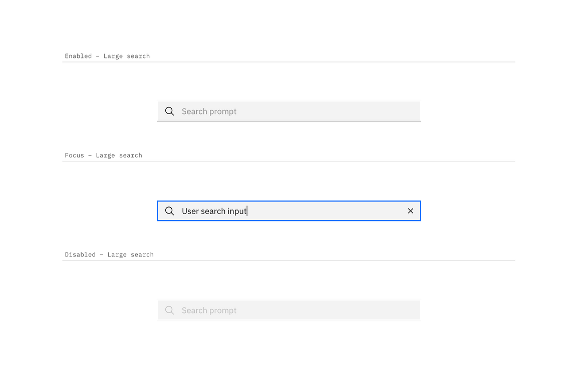 Enabled, focus, and disabled search states
